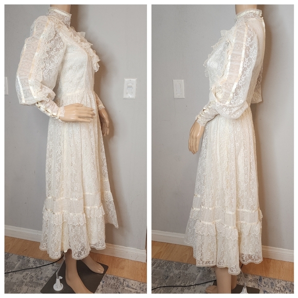 Gunne Sax Vintage Ivory Lace Midi Dress Victorian Edwardian 70s 80s XS - Picture 9 of 16